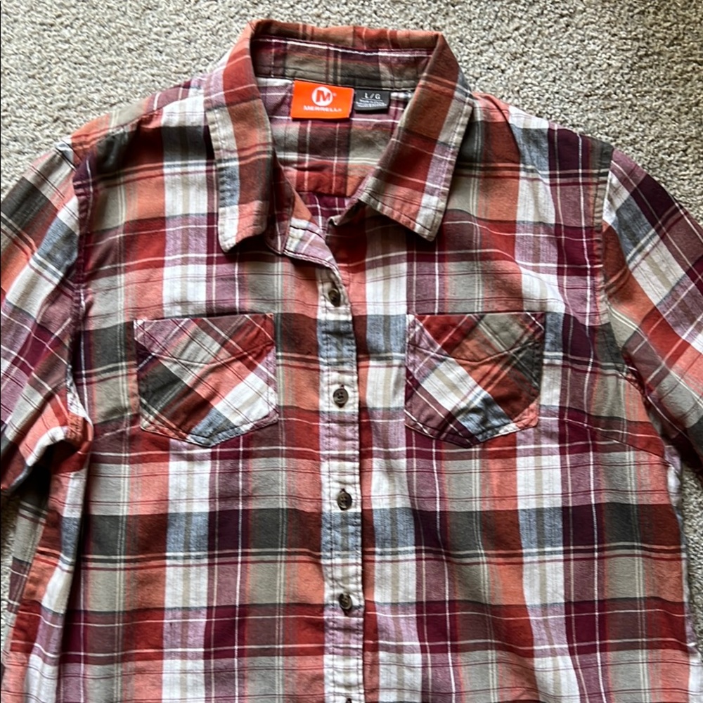 MERRELL Plaid Button Down 100% Cotton Women’s Large Burnt Orange Red Gray Pocket - Picture 2 of 11